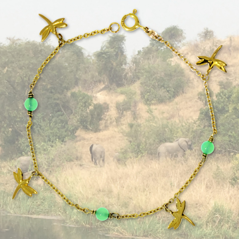 Armband mit Libellen Anhängern und grünen Achaten in 585 Gelbgold