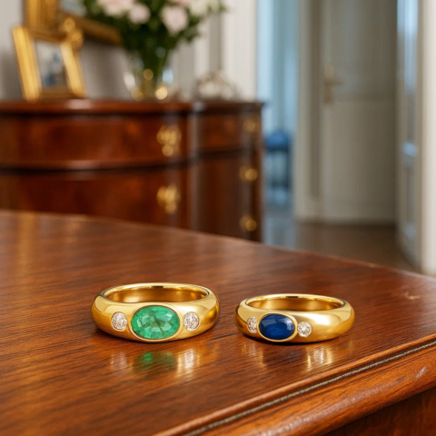 2 Bandringe mit facettiertem Smaragd und Saphir-Cabochon mit Brillanten in 750er Gelbgold