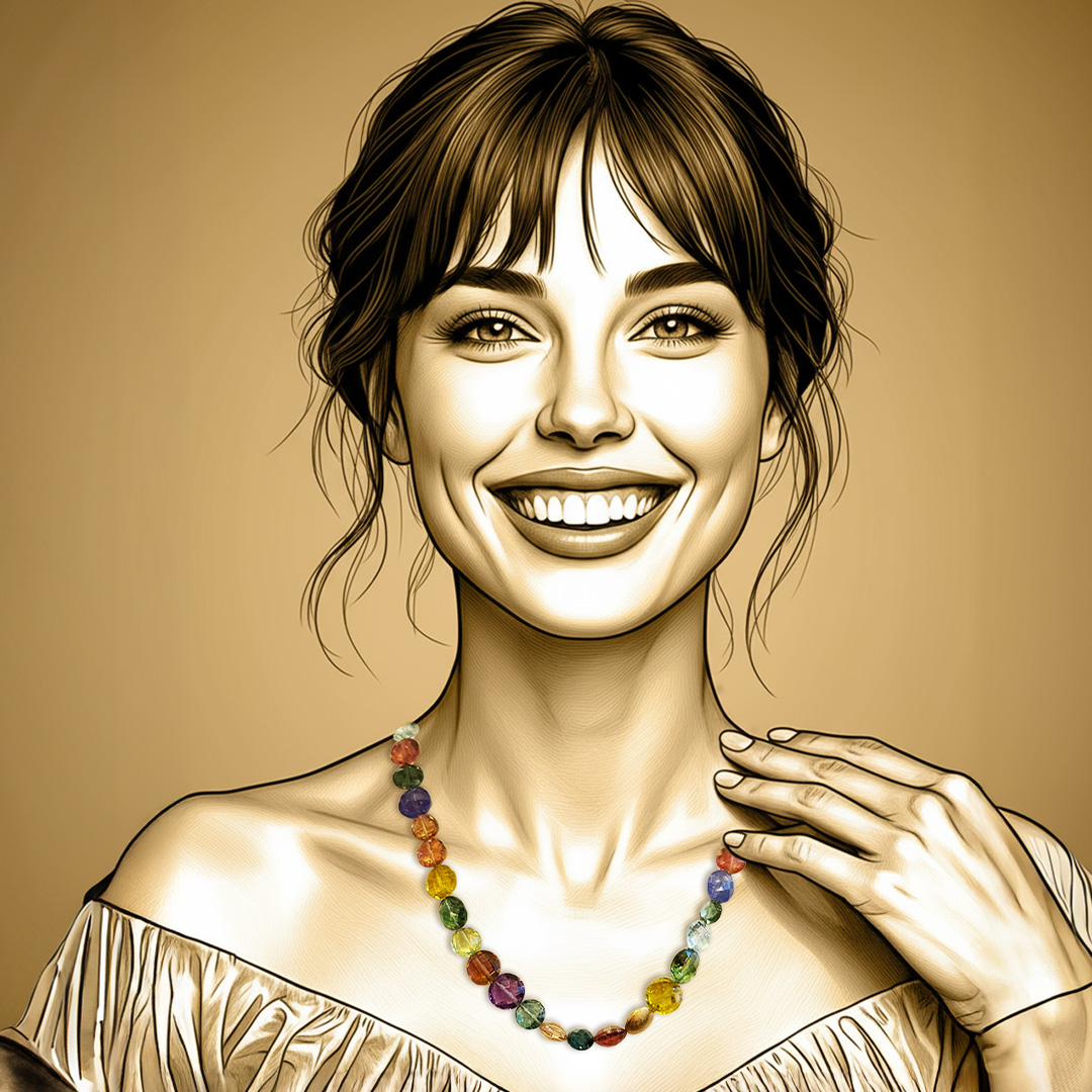 Edelsteinkette-facettiert-farbig-Turmalin-Tansanit-Goldschmiede Bergmann-Hamburg Kette aus geschliffenen Turmalinen, Peridot, Tansanit, Aquamarin und Amethyst mit Gold-Elementen