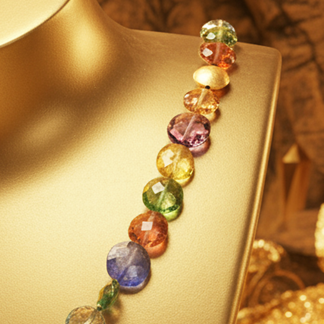 Edelsteinkette-geschliffen-Turmalin-Peridot-Tansanit-Goldschmiede Bergmann-Hamburg Kette aus geschliffenen Turmalinen, Peridot, Tansanit, Aquamarin und Amethyst mit Gold-Elementen