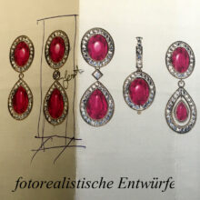 Entwürfe für Ohrringe mit Rubin Cabochon und Brillanten