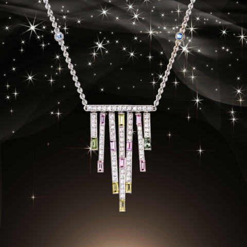 Halskette im Art Deco Stil in Weißgold mit Brillanten und Saphir Baguettes