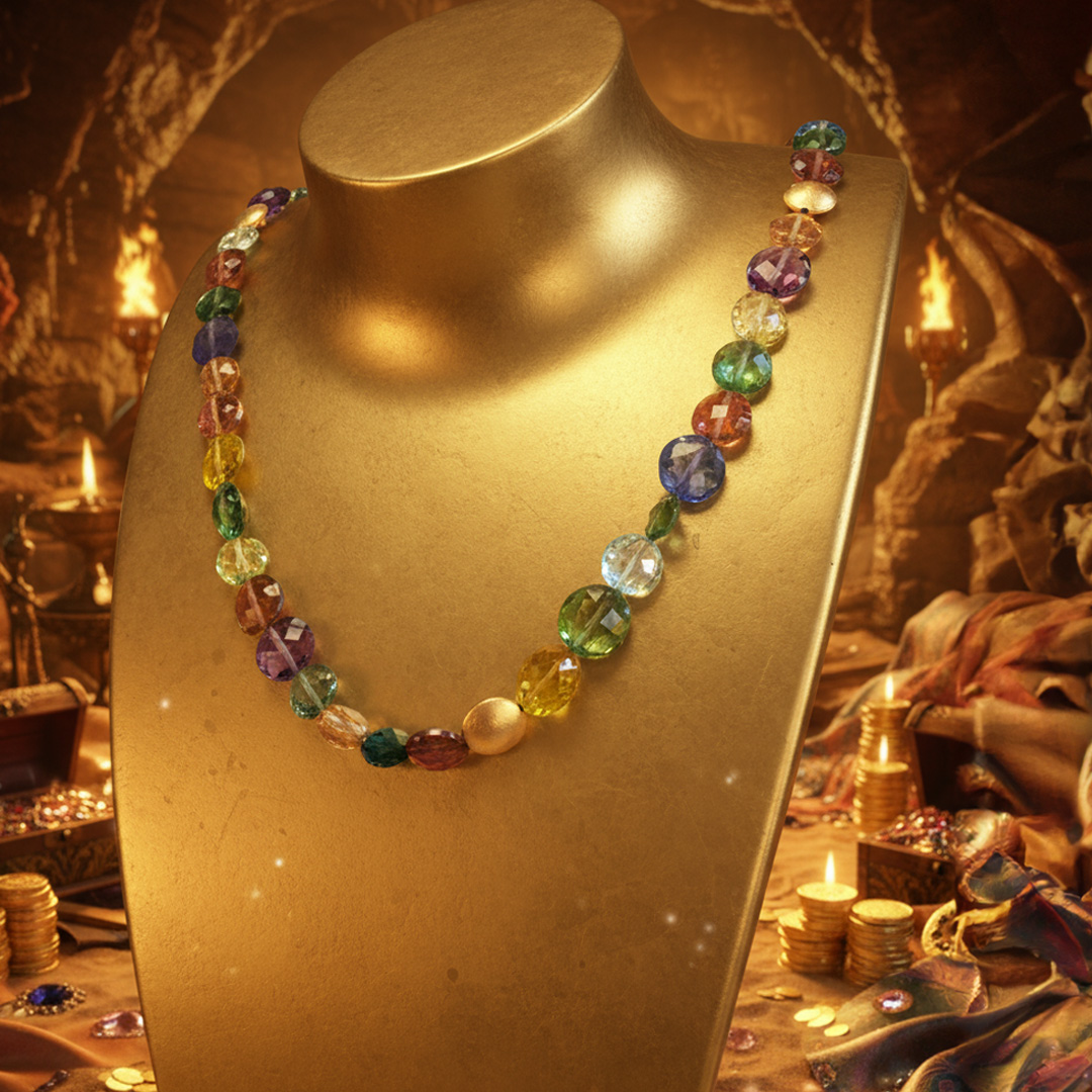 Kette-Edelsteine-geschliffen-rund-Turmalin-Goldschmiede Bergmann-Hamburg Kette aus geschliffenen Turmalinen, Peridot, Tansanit, Aquamarin und Amethyst mit Gold-Elementen