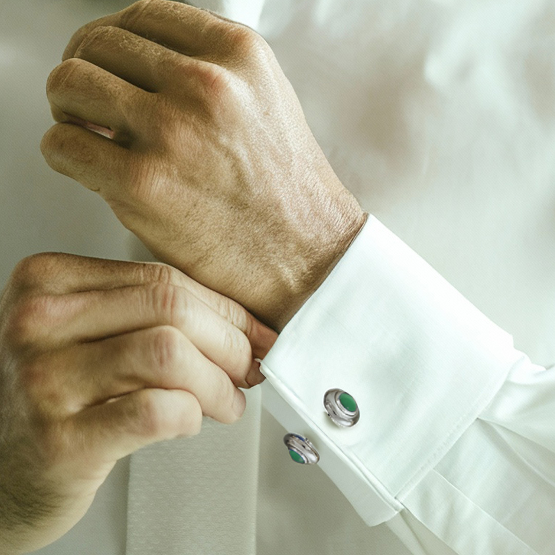 Manschettenknöpfe Silber grün Achat Edelstein Goldschmiede Bergmann Hamburg silberne Manschettneknöpfe mit grünen Achaten