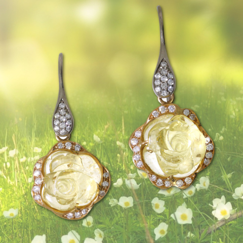 Ohrringe in 750 Gelbgold und Weissgold mit gelben Beryllen graviert in Rosenform und Brillanten