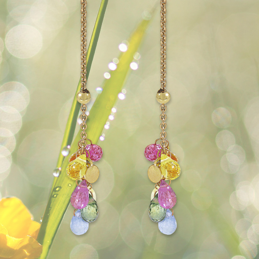lange Ohrringe mit rosa, grünen, gelben und blauen Saphiren im Briolette-Schliff mit Plättchen in Gelbgold