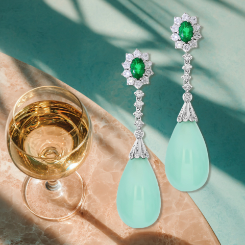 Ohrringe Weissgold, Brillanten, Smaragde, Pampeln aus grünem Calcit