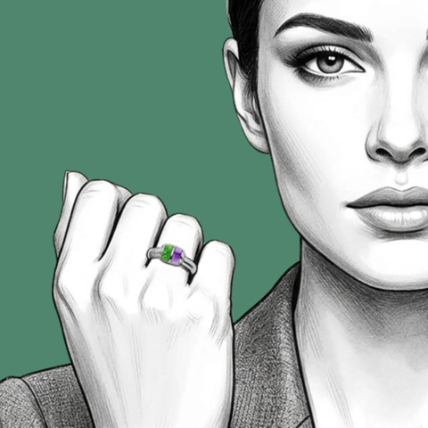 Ring in 585 Weissgold mit Tsavorit und Amethyst im art deco Stil