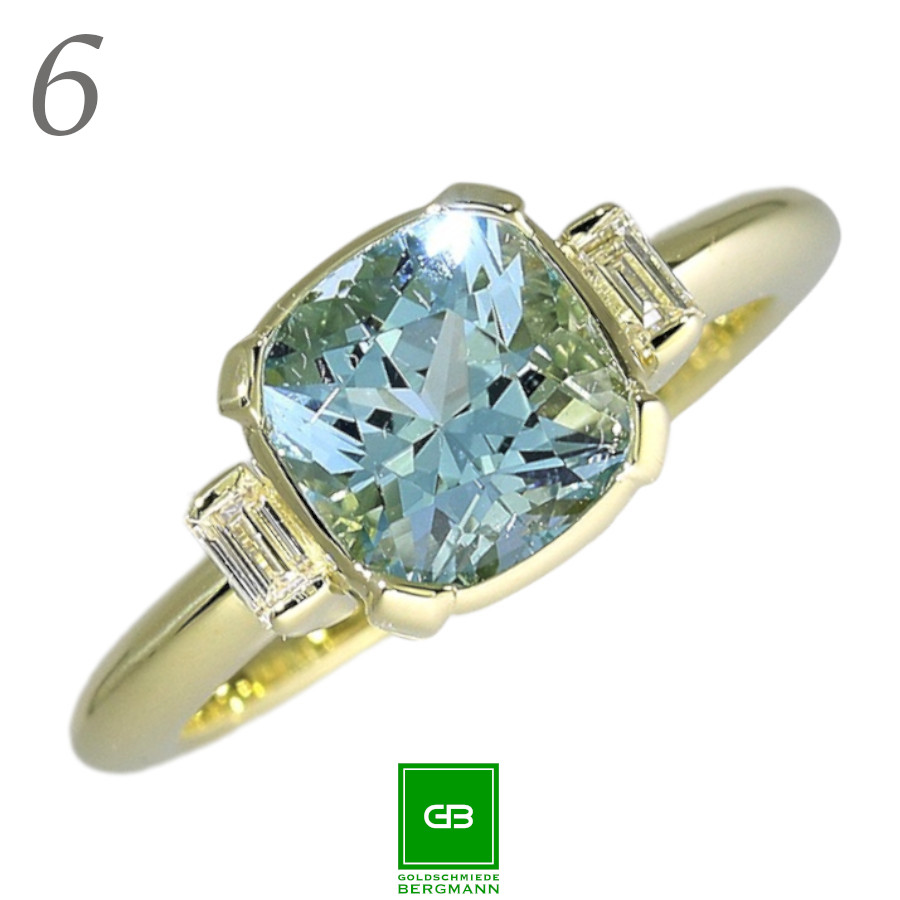 Ring aus recyceltem Gelbgold mit Fair-Trade Aquamarin und Diamant-Baguettes