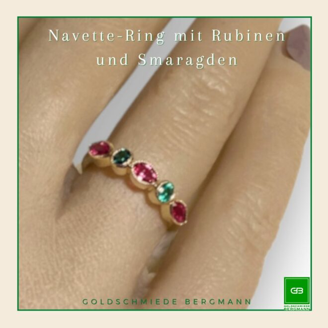 Ring mit Rubinen im Navette-Schliff und runden Smaragden