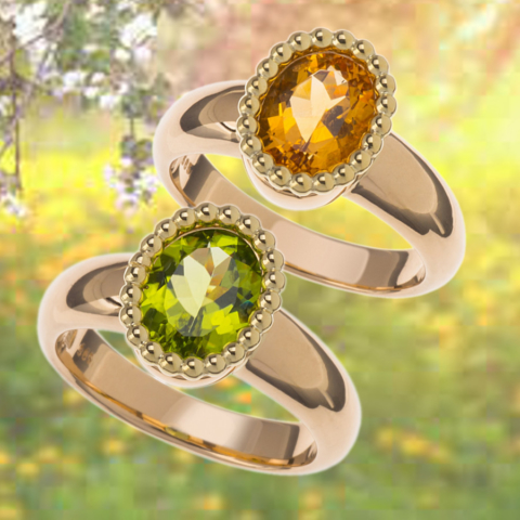 Ring mit Citrin und Peridot gefasst im Perlrand