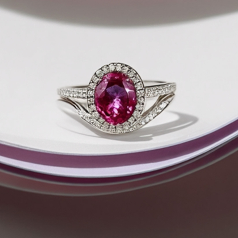 Verlobungsring mit Rubin und Brillanten in Weissgold mit passendem Shadowband
