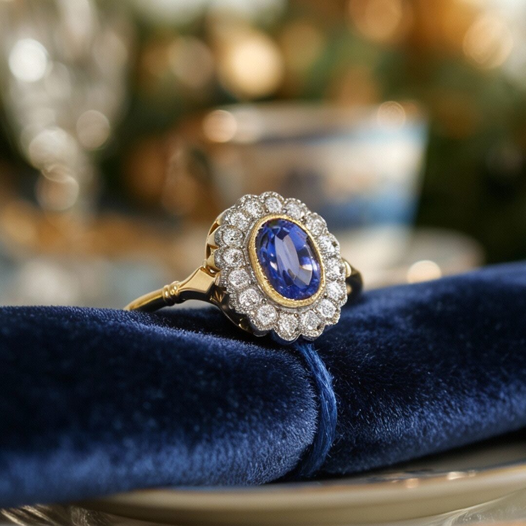 Ring Saphir Brillanten Gelbgold vintage Goldschmiede Bergmann Hamburg Ring im antiken Stil mit einem Saphir in einem Kranz aus Brillanten