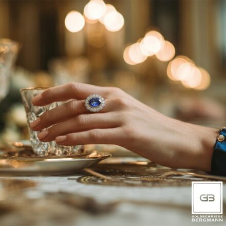 Ring mit einem Saphir in einem Kranz aus Brillanten angefertigt in einam antiken Design