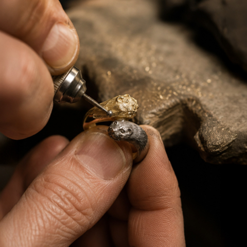 Ring aus 750 Weissgold und Rosegold mit plastisch gravierten Ottern