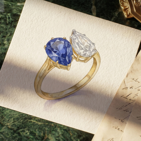 Ring, 750 Gold im Toi et Moi Stil mit Saphir und Brillant Tropfen