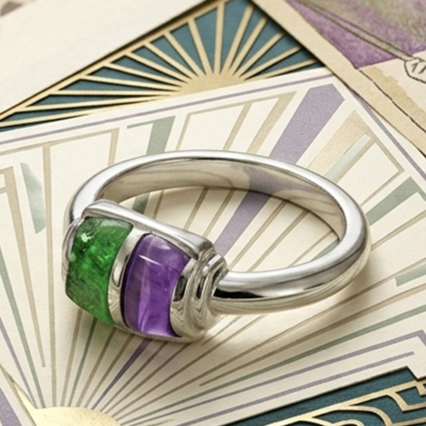 Ring in 585 Weissgold mit Tsavorit und Amethyst im art deco Stil
