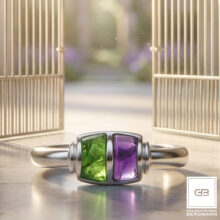 Ring in 585 Weißgold im art deco stil mit grünem und violettem Stein