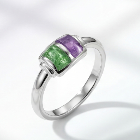Ring in 585 Weissgold mit Tsavorit und Amethyst im art deco Stil