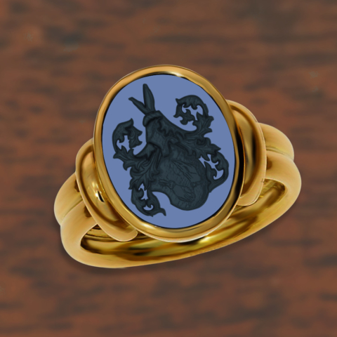 Siegelring Gelbgold mit Lagenachat und verzierter Ringschiene