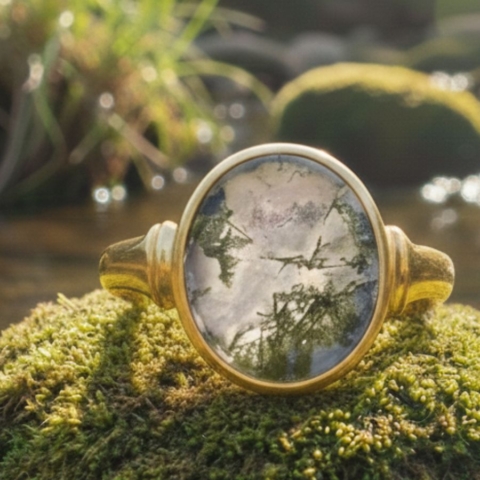 Siegelring in Gelbgold mit Moosachat und einer verzierten Ringschiene