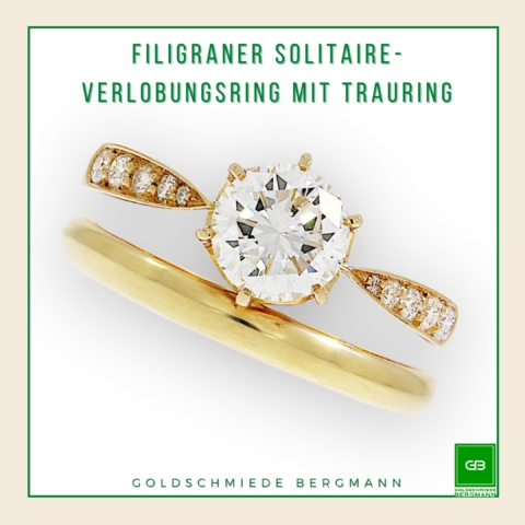 zarter Verlobungsring Solitaire in Rosegold mit einem graden Trauring in Rosegold