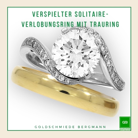 Verlobungsring geschwungen Weißgold mit Solitaire mit einem graden Trauring in Gelbgold