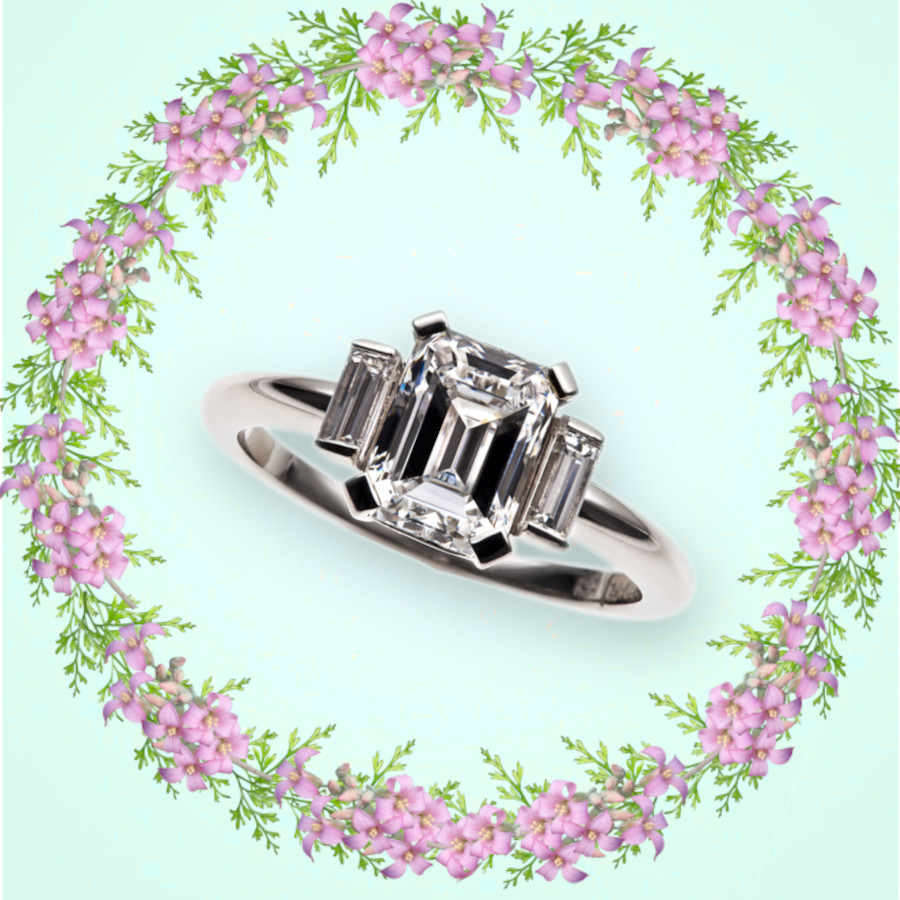 Verlobungsring Platin mit Diamant im Emerald-Cut und 2 Diamant-Baguettes