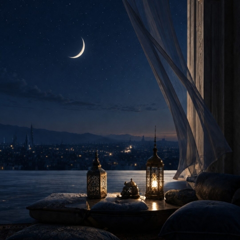Bild KI generiert orientalische Nacht mit Blick aus einem Fenster auf Wasser und eine Stadt