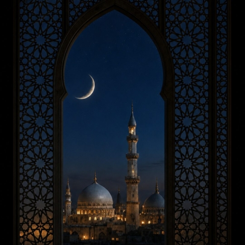 Bild KI generiert orientalische Nacht mit Blick aus einem verzierten Fenster auf Kuppeln und einen Achtelmond