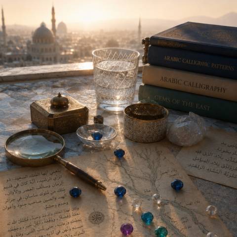Wettbewerb Schmuckpreis Blick aufs Wesentliche KI generierte Bild von Büchern und Edelsteine vor einer arabisch wirkende Stadt