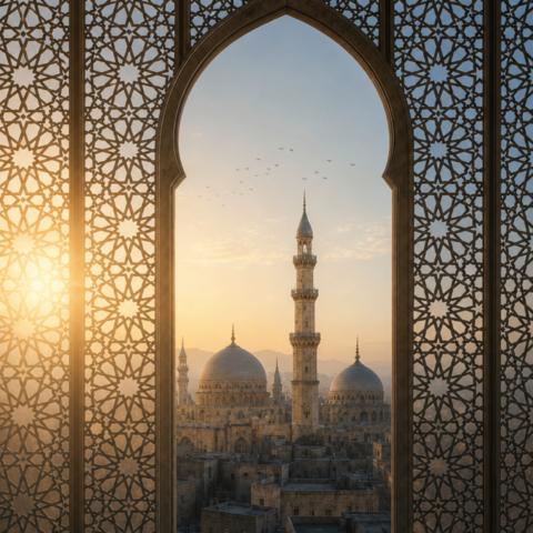 Wettbewerb Schmuckpreis Inspiration KI generiertes Bild Blick durch ein orientalisches Fenster auf eine orientalisch anmutende Stadt