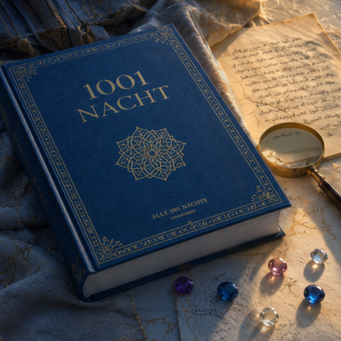 Wettbewerb Schmuckpreis Recherche KI generiertes Bild Märchenbuch und Edelsteine neben einer Lupe und einem arabischen Text