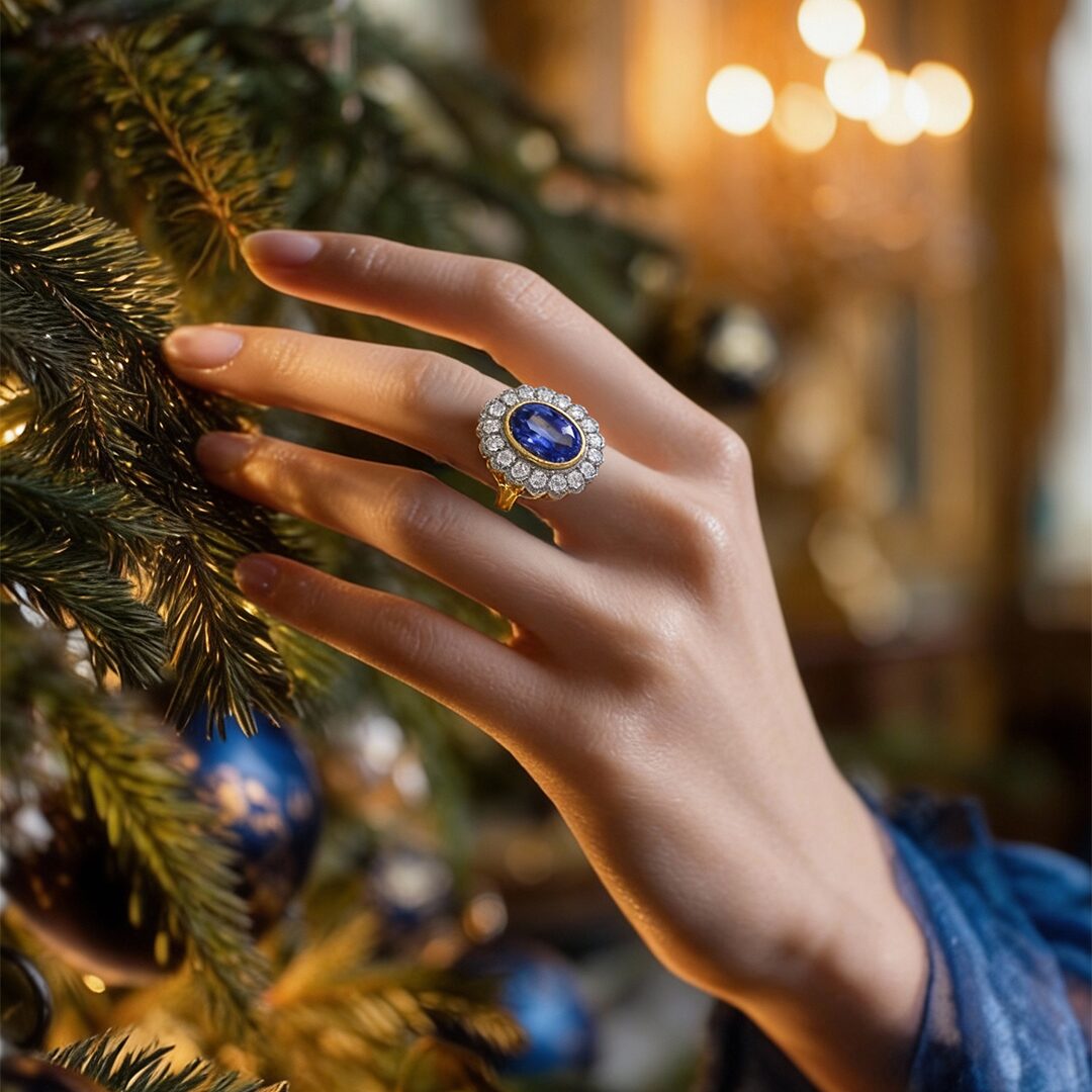 aufwändiger Ring Saphir Brillanten Goldschmiede Bergmann Hamburg